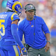 Raheem Morris talks with Jalen Ramsey during the season.